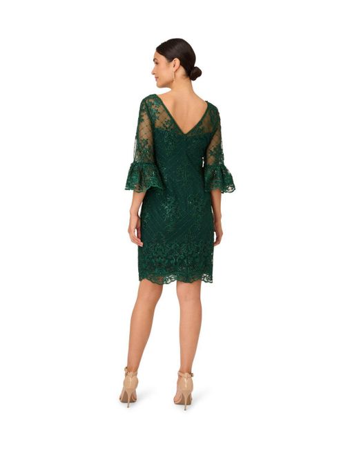 Adrianna Papell Green Embroidered Bell Sleeve Dress