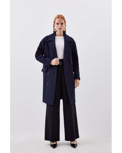 Karen Millen Blue Italian Manteco Wool Blend Tailored Double Breasted Midi Coat