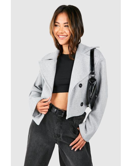 Boohoo Gray Wool Look Cropped Trench Coat