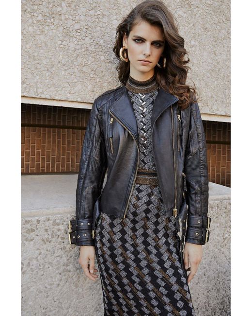 Karen Millen Gray Leather Quilted Panelled Buckle Biker Jacket