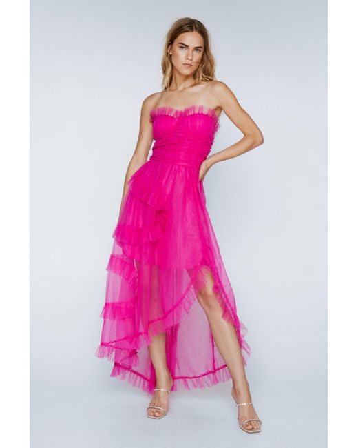 Nasty Gal Pink Tulle Cup Detail Bardot Frill Dress