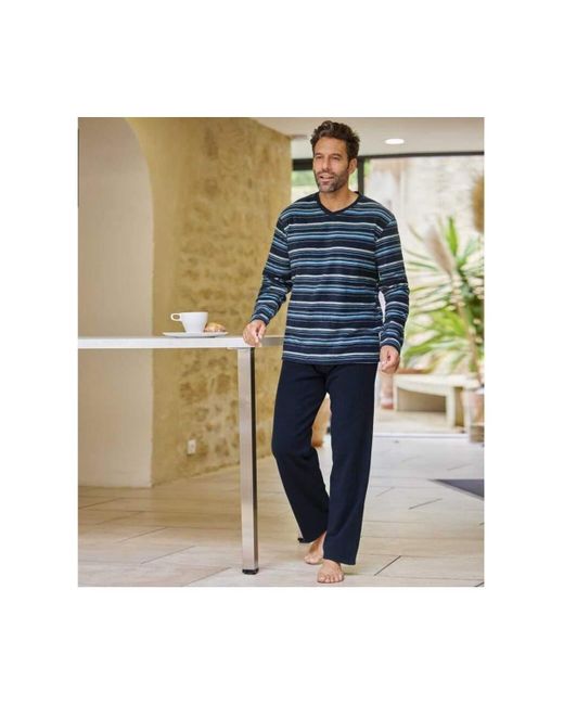 Atlas For Men Striped Microfleece Long Pyjama Set in Blue for Men