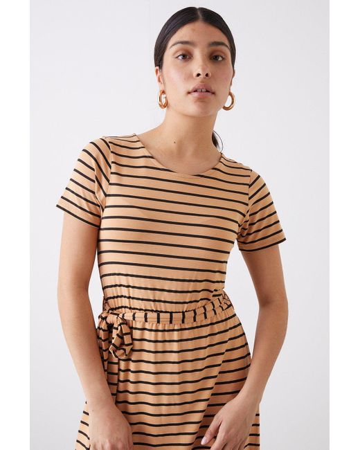 Dorothy Perkins Natural Black Stone Striped Belted Midi T-shirt Dress