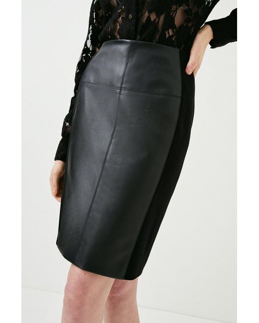 Karen Millen Black Faux Leather And Ponte Panelled Pencil Skirt