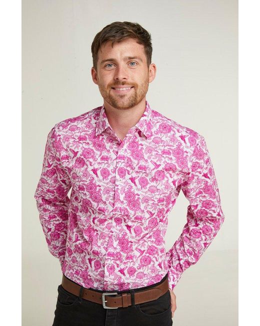 Double Two Bright Pink Hummingbird Print Formal Shirt for men