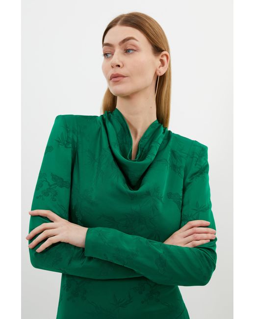 Karen Millen Green Premium Jacquard Cowl Long Sleeve Woven Midi Dress