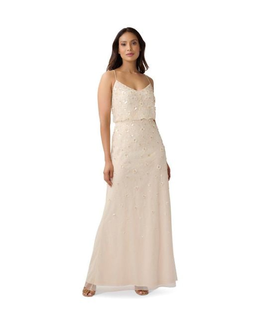 Adrianna Papell Natural 3d Beaded Floral Gown