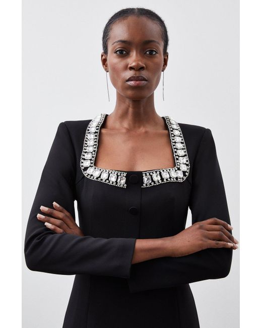 Karen Millen Black Tailored Compact Viscose Stretch Embellished Sleeve Mini Dress