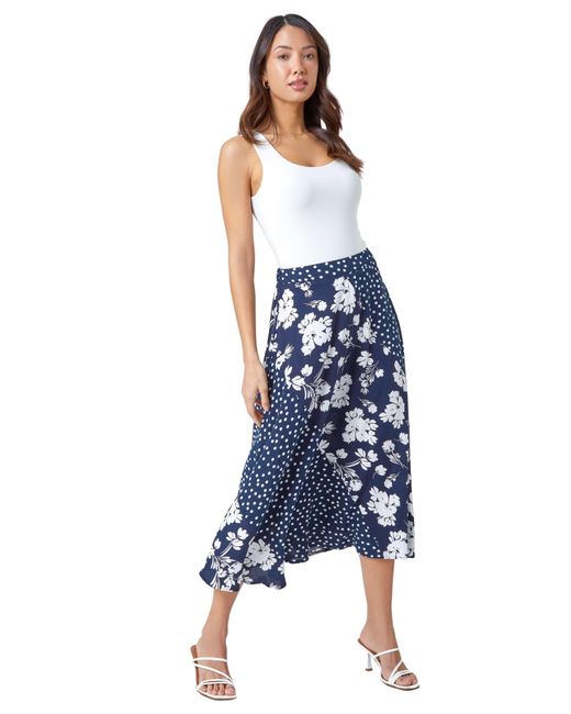 Roman Blue Mixed Floral Spot Print Midi Skirt