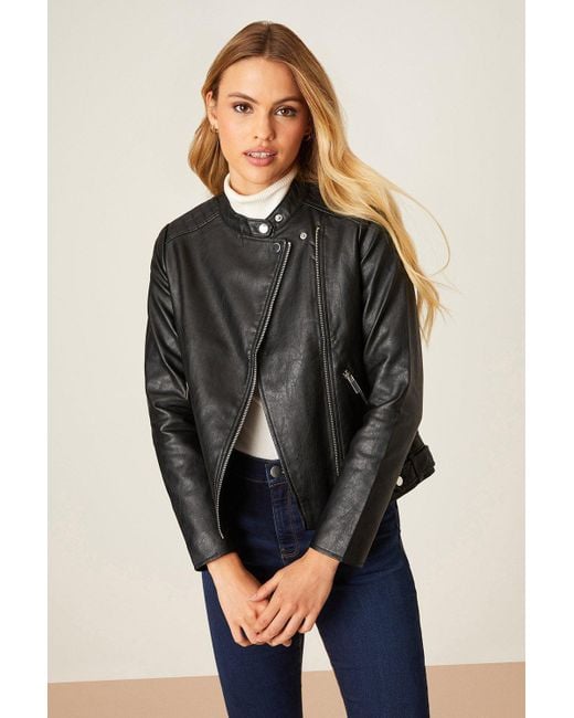 Dorothy Perkins Gray Faux Leather Collarless Biker Jacket