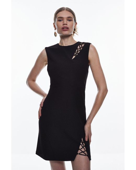 Karen Millen Black Tall Scuba Crepe Lace Up Detail Woven Mini Dress