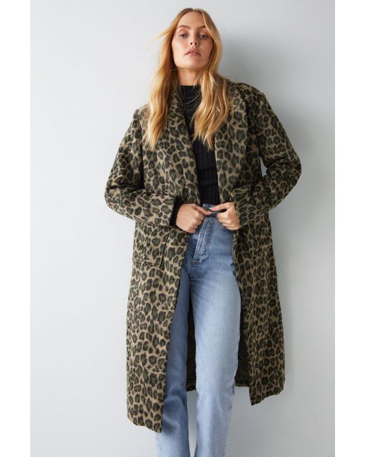 Warehouse Green Leopard Print Wool Look Coat