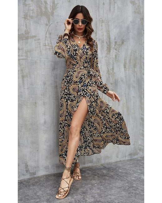 FS Collection Gray Boho Gold Paisley Floral Wrap Dress In Black