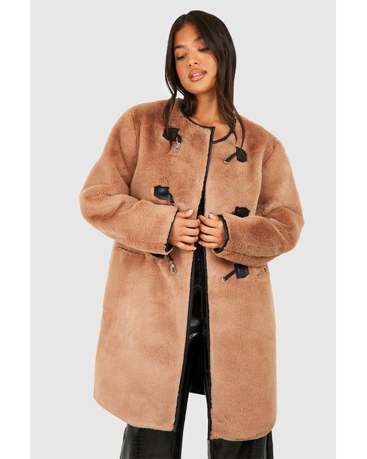 Boohoo Brown Petite Faux Fur Buckle Detail Coat