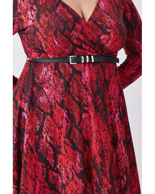 Karen Millen Red Plus Size Snake Belted Viscose Blend Jersey Skater Dress