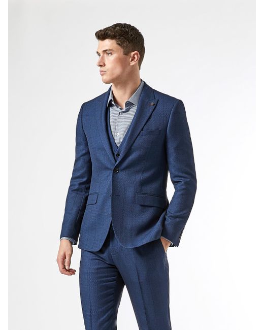 Burton Blue Navy Birdseye Check Slim Fit Suit Jacket for men