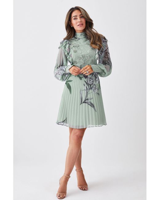 Karen Millen Green Lydia Millen Floral Applique Lace Pleated Mini Dress
