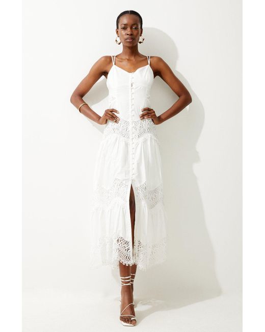 Karen Millen White Cotton Poplin Lace Insert Woven Maxi Dress