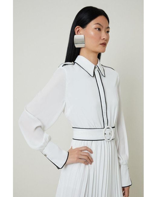 Karen Millen White Piping Detail Woven Belted Maxi Dress