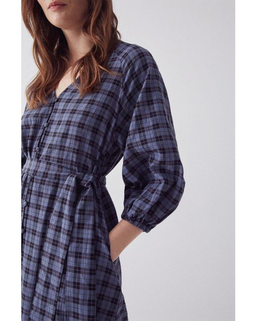Warehouse Blue Check Belted Button Front Midi Dress