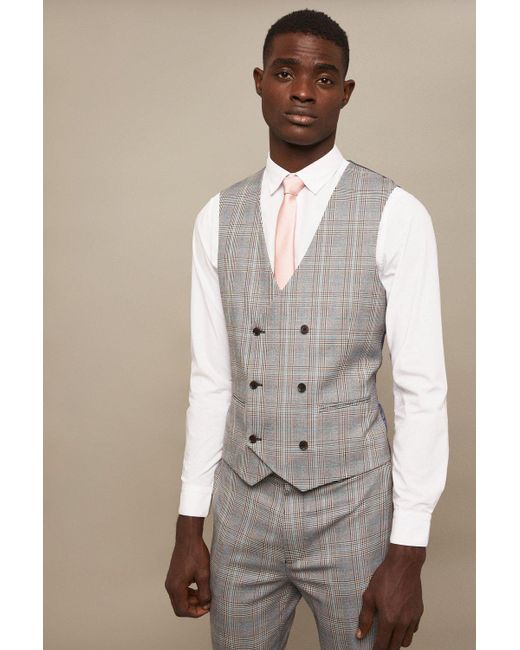 Burton Natural Slim Fit Grey Highlight Check Suit Waistcoat for men