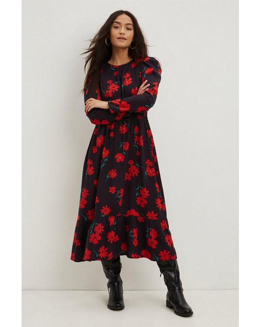 Dorothy Perkins Petite Red Floral Ruched Waist Midi Dress