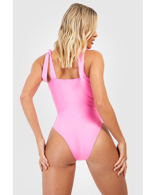 Boohoo Pink Tummy Control Tie Shoulder Plunge Bathing Suit