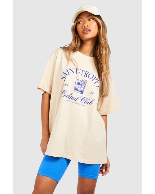Boohoo Blue Saint Tropez Printed Oversized T-shirt