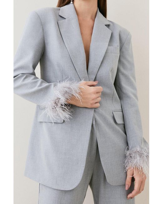 Karen Millen Gray Tall Feather Cuff Detail Single Breasted Blazer