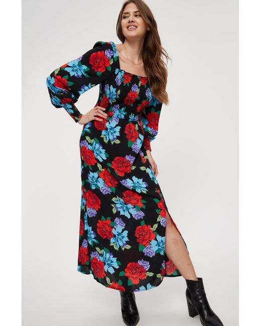 Dorothy Perkins Tall Red Blue Floral Shirred Body Midaxi Dress