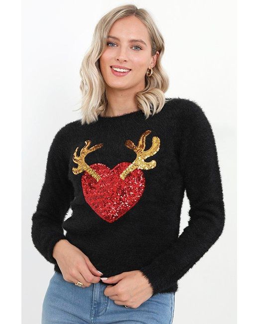 Brave Soul Black 'heart' Sequin Fluffy Knit Christmas Jumper