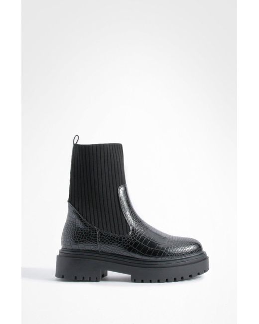 Boohoo Black Croc Chunky Sole Knitted Chelsea Boots