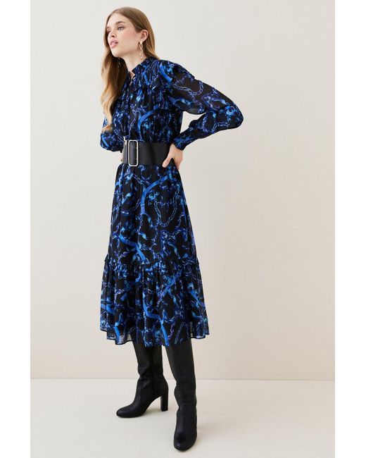 Karen Millen Blue Tall Chain Printed Georgette Midi Dress