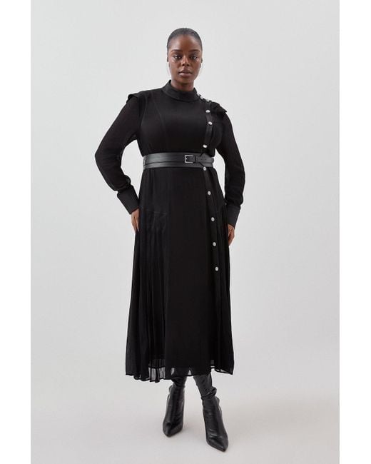 Karen Millen Black Plus Size Contrast Panel Sheer Sleeve Button Woven Maxi Dress
