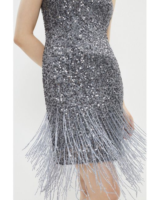 Coast Gray Sequin Bustier Dress With Beaded Fringe