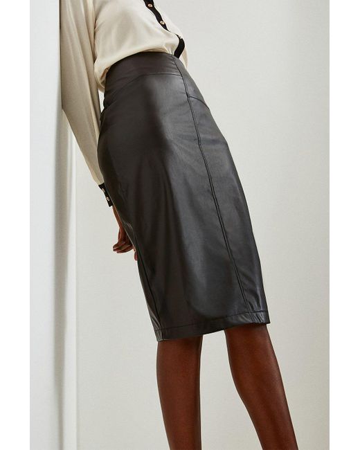 Karen Millen Black Faux Leather Seam Midi Skirt