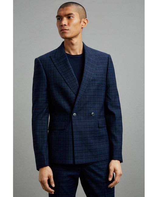 Burton Blue Skinny Fit Navy Multi Check Double Breasted Suit Jacket for men