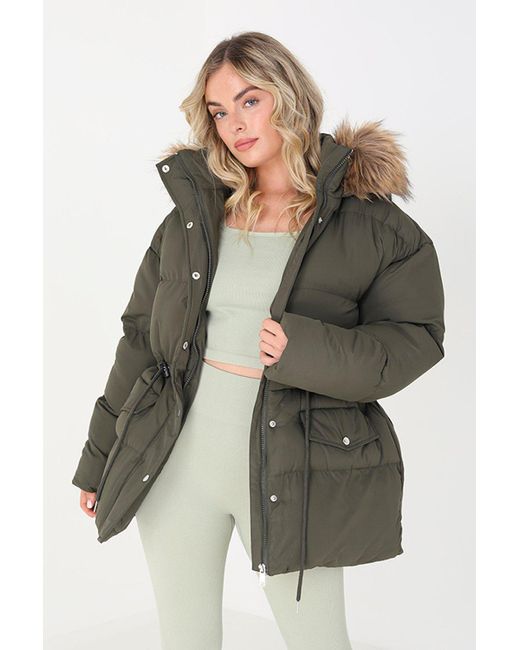 Brave Soul Green 'narla' Mid Length Puffer Parka With Faux Fur Hood