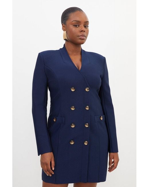 Karen Millen Blue Plus Size Figure Form Bandage Knit Blazer Style Mini Dress