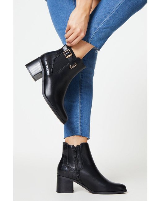 Dorothy Perkins Blue April Buckle Detail Mixed Material Block Heel Ankle Boots