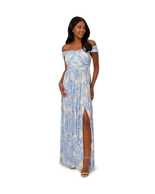 Adrianna Papell Blue Printed Off Shoulder Gown