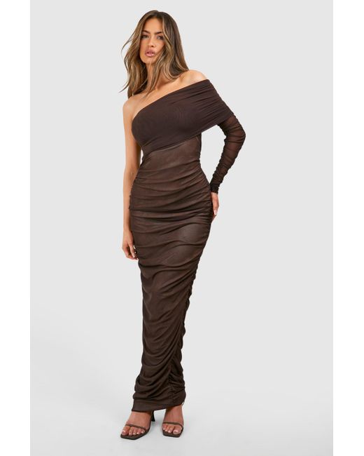 Boohoo Brown One Shoulder Rouched Mesh Maxi Dress