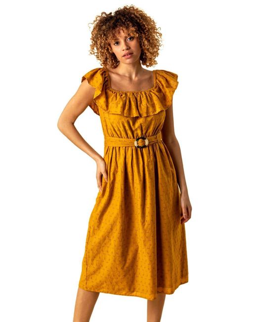 Roman Orange Broderie Belted Bardot Dress