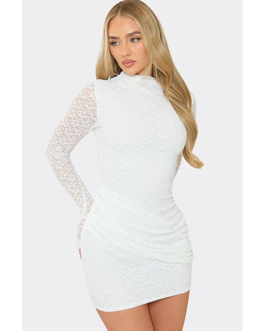 EGO White Long Sleeve Ruched Lace Mini Dress