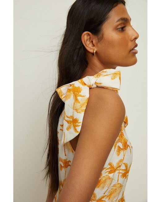 Oasis Linen Mix Palm Printed Tie Shoulder Dress in Metallic Lyst UK