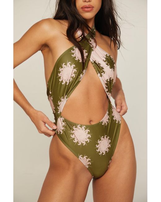 Nasty Gal Brown Sun Two Tone Halter Wrap Cut Out Swimsuit
