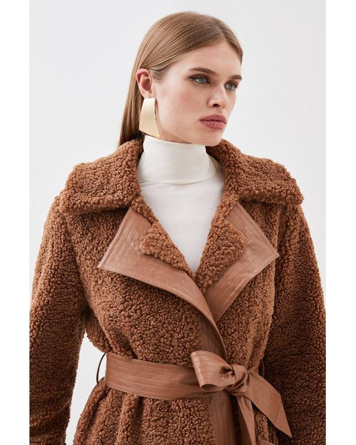 Karen Millen Brown Collared Faux Fur Belted Coat