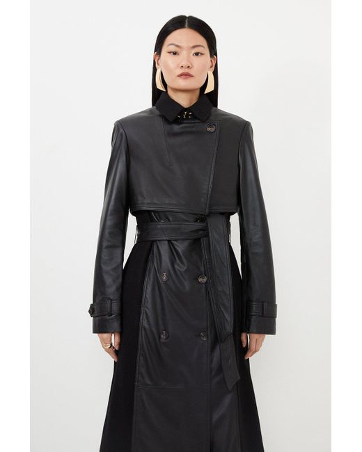 Karen Millen Blue Leather And Wool Mix Belted Trench Coat