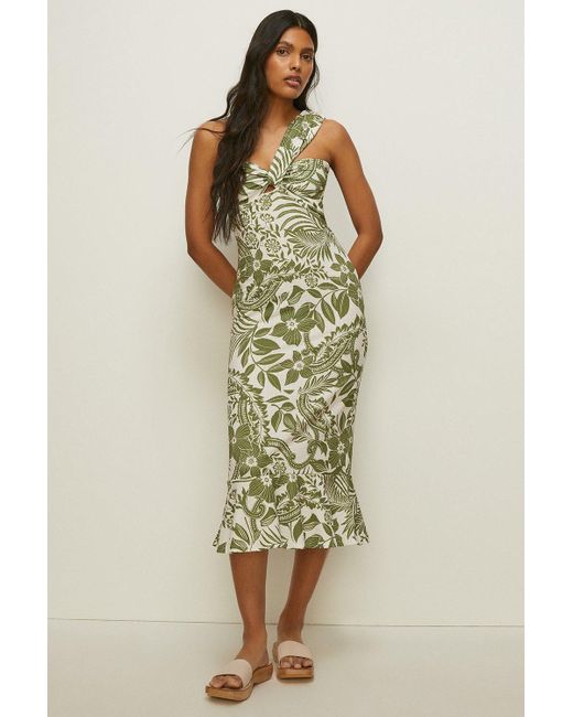 Oasis Green Textured Floral Print One Shoulder Midi Dress