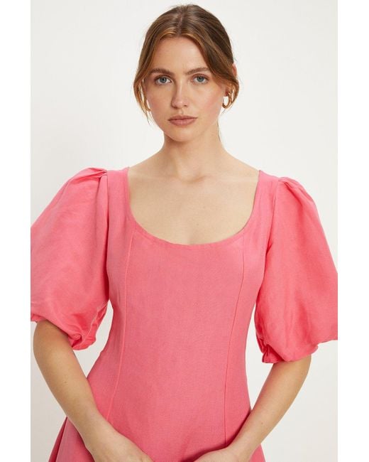 Oasis Pink Linen Mix Puff Sleeve Midi Dress